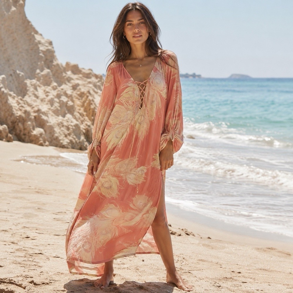 NWT RAMONA LARUE‎ by ARIANNE XS/Small Beach Cover-Up Pink Maxi Robe Resort Dress